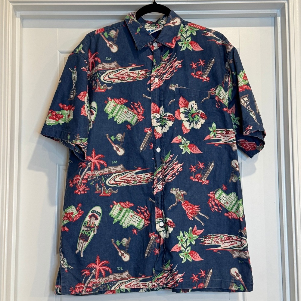 Sears The Mens Store Hawaiian Shirt Mens XL Navy Blue Hula Surf Tropical Print